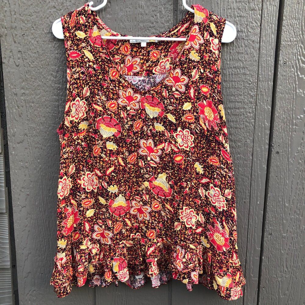 C&C California sleeveless tank top vibrant floral print ruffle hem women’s large